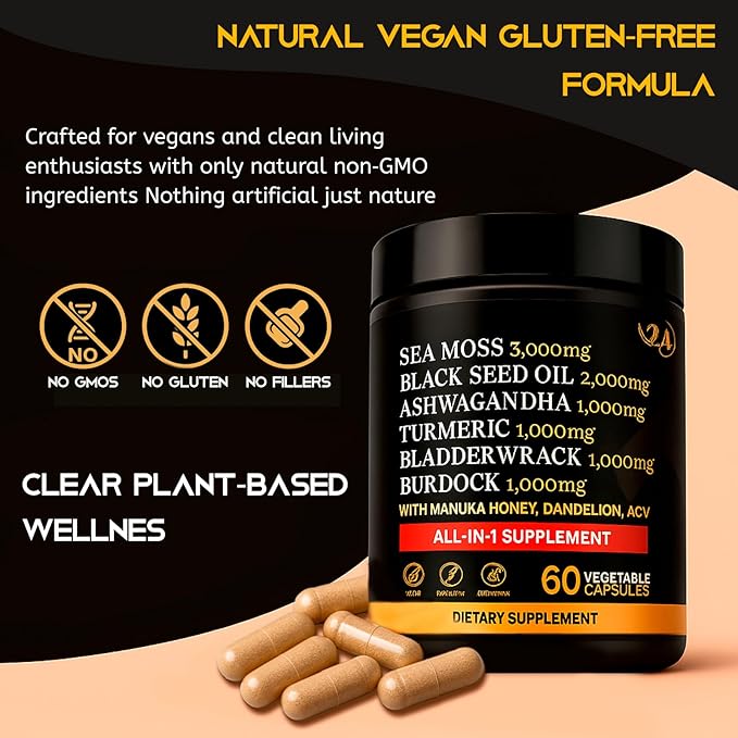 Sea Moss Capsules - Health Supplements - True Seamoss Black Seed Oil Ashwagandha Burdock Root, Tumeric Supplement with Manuka Honey, Dandelion Root ACV - 60 Capsules