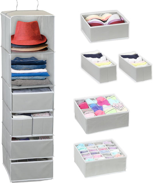 Simple Houseware 6 Shelf Hanging Closet Organizer with 5 Drawers Storage, Gray
