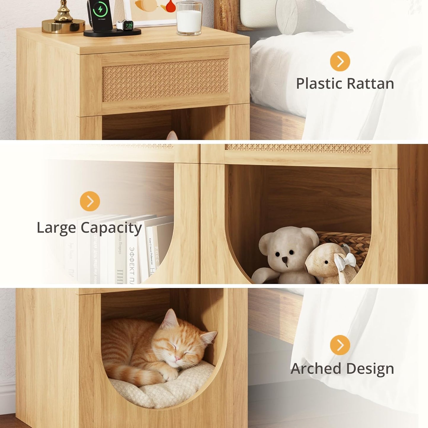 End Table with Drawer, 20 Inch Artificial Rattan Night Stand for Arched Storage or Cat Rest Area, Sturdy Thickened Wood Side Table Bedside Table for Living Room, Bedroom and Apartment