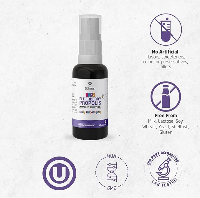 Bee and You, Kids Immune Support Supplement Throat Spray, Elderberry, Raw Honey, Propolis Extract, Vitamin C, Strawberry Juice, Antioxidants, Sore Throat Relief, 1 fl. Oz
