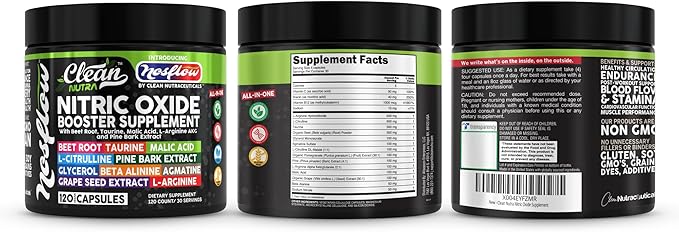 NosFlow Nitric Oxide Supplements for Men | Beet Root Taurine L-Arginine Malic Acid L-Arginine L-Citrulline Pine Bark Glycerol Agmatine Grape Seed Vitamin C B12 B3 by Clean Nutra