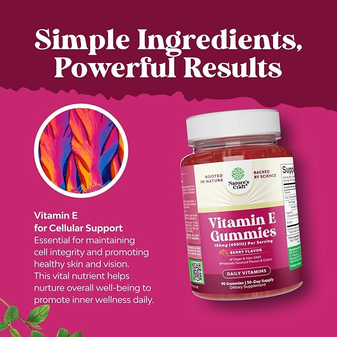 Natures Craft Vitamin E Gummies for Skin Care - High-Potency Vitamin E 400 IU Skin Supplement - Delicious & Easy-to-Take Supplement Promote Health Immune Support & Cellular Protection (2 Months)