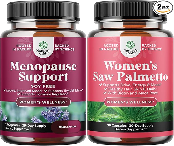 Bundle of Menopause Supplement for Women Soy Free Hormone Balance Capsules with Dong Quai Chaste Berry Black Cohosh Root and Saw Palmetto 500mg DHT Blocker Hair Vitamins with Maca Root Biotin