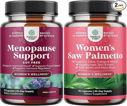 Bundle of Menopause Supplement for Women Soy Free Hormone Balance Capsules with Dong Quai Chaste Berry Black Cohosh Root and Saw Palmetto 500mg DHT Blocker Hair Vitamins with Maca Root Biotin