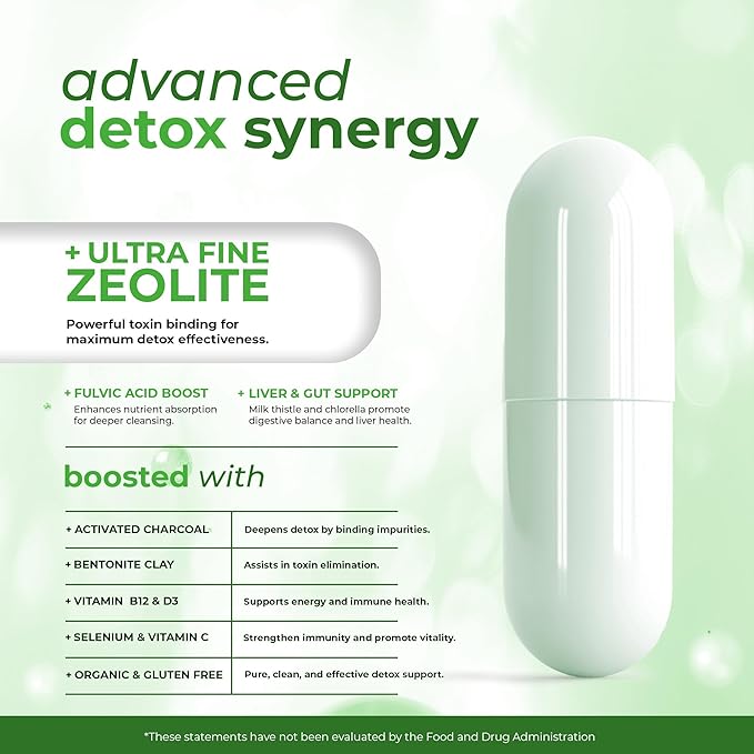 2300 MG Pure Zeolite Cleanse – Ultra-Fine Clinoptilolite Zeolite Detox, Activated Charcoal & Bentonite Clay – Liver & Gut Detox Cleanse, Toxin Flush, Digestive, Max Absorption, 90 Vegan Capsules