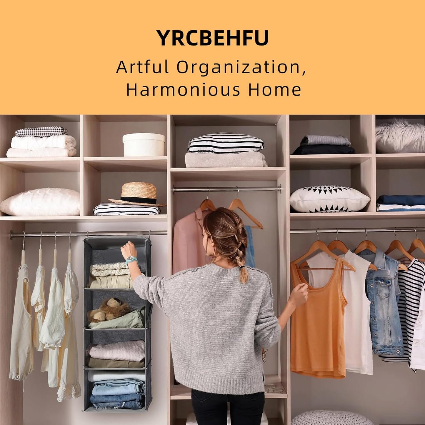 6-Shelf Hanging Closet Organizer and Storage, Collapsible Hanging Shelves for Closet with 2 Side Pockets, Hanging Shoe Organizer to Saving Space,Grey