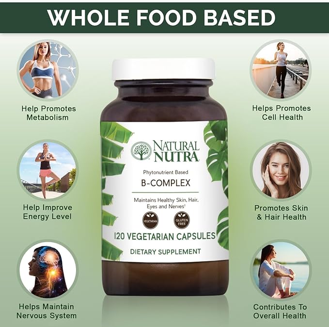 Natural Nutra Vitamin B Complex with Niacin, Folate, Thiamin, Biotin, Supports Nervous System Health, Promotes Metabolism, Skin, Eyes and Hair Health, Whole Food Supplement, 120 Vegetarian Capsules