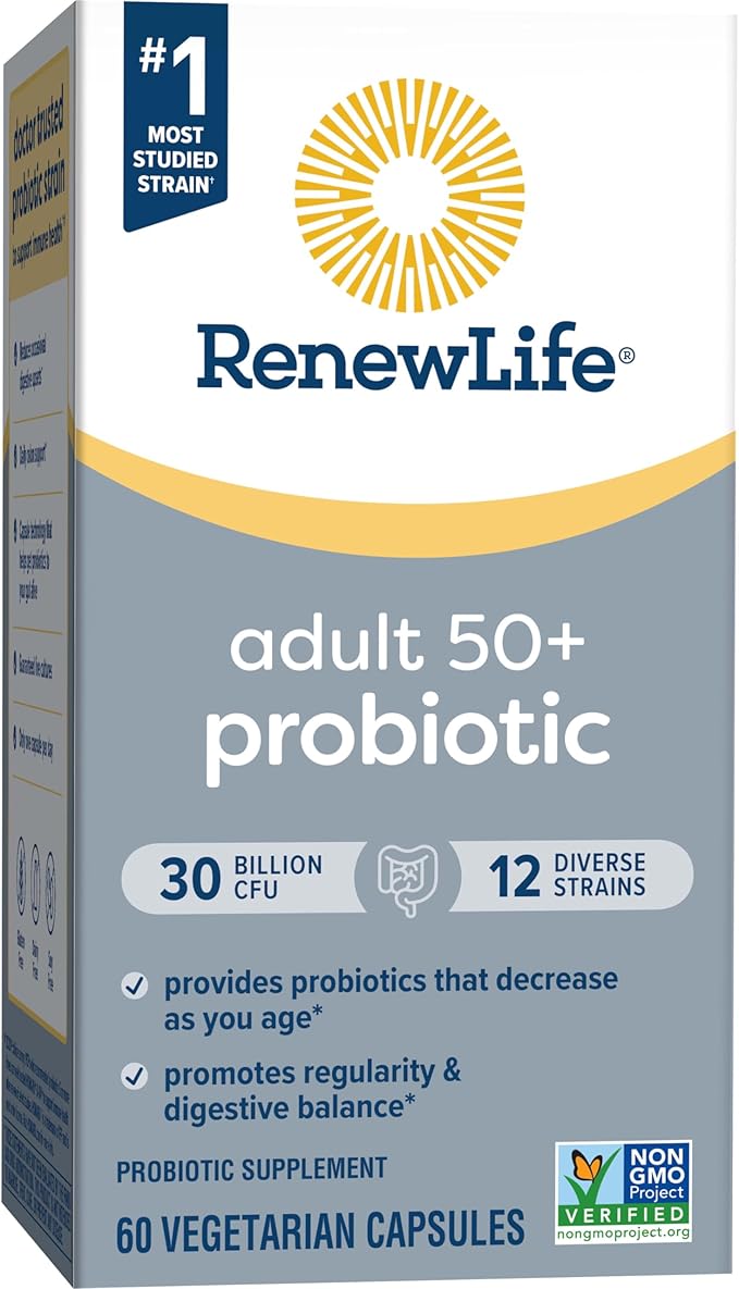 Renew Life Probiotic Adult 50 Plus Probiotic Capsules, Daily Supplement Supports Urinary, Digestive and Immune Health, L. Rhamnosus GG, Dairy, Soy and gluten-free, 30 Billion CFU, 60 Count