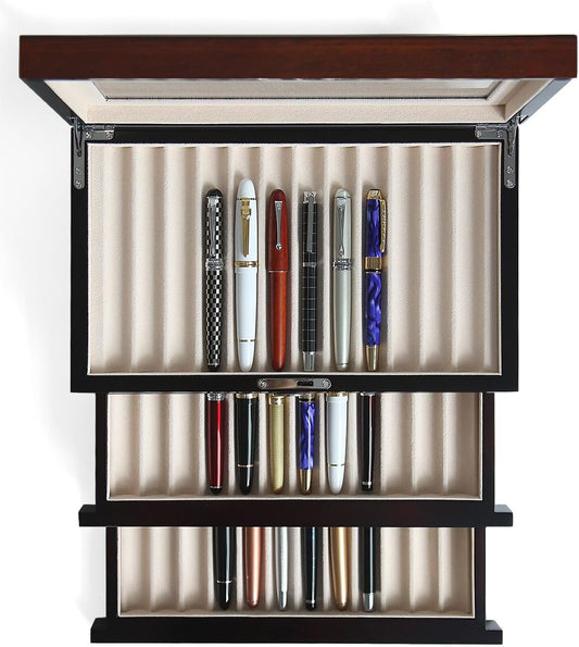 wood pen display case 36 slot Fountain pen Box storage Organizer with drawer, Top Glass Window Pen Collection Display Case