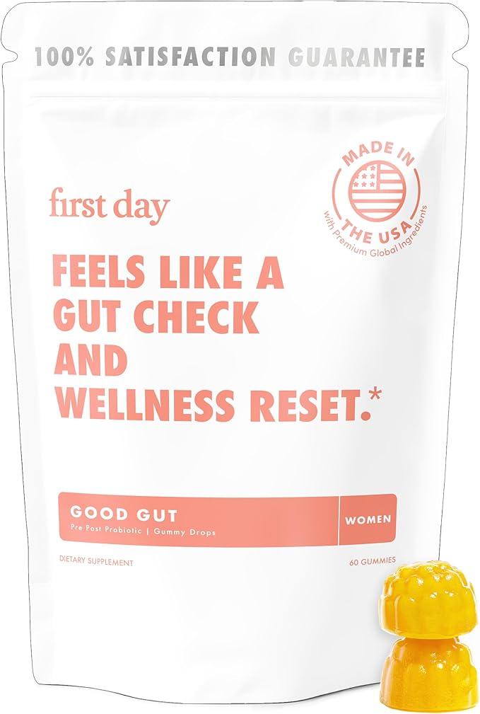FIRST DAY Women’s Good Gut Tribiotic Gummies – 3-in-1 Prebiotic, Probiotic & Postbiotic Supplement – Supports Immune Function and Digestive, Oral, Skin & Vaginal Health – 30-Day Supply
