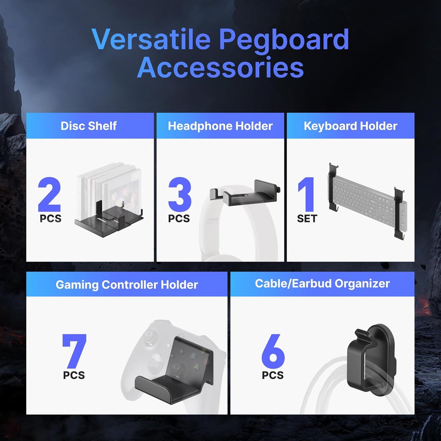 PEGZONE Controller and Headphone Holder Wall Mount, Modular Gaming Pegboard with Accessories, Controller Stand for Xbox PS5 PS4 Switch, Video Game Storage, Disc Shelf, 14pcs Pegboard, Black & White