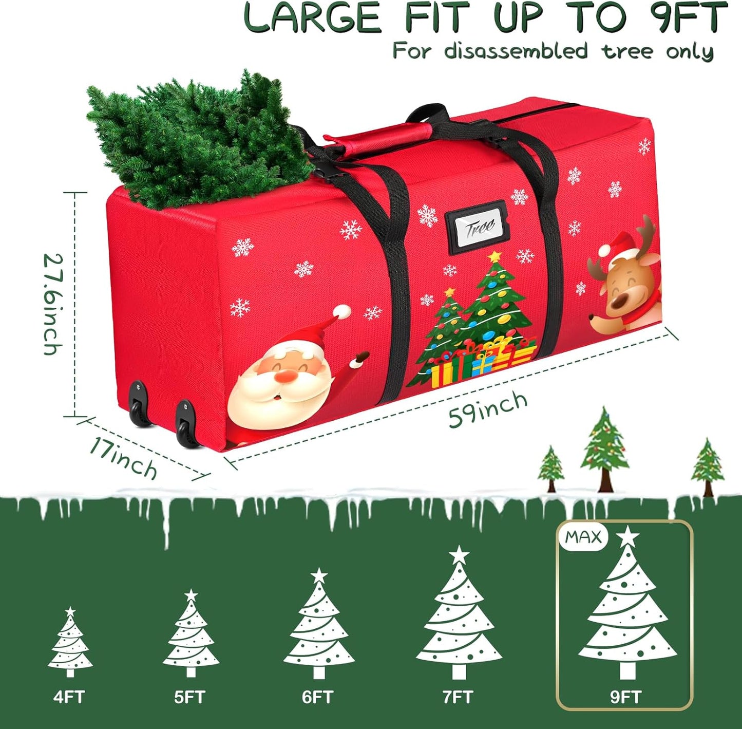 Christmas Tree Storage Bag, Fits Up to 9Ft Xmas Disassembled Tree, Heavy Duty 600D Oxford Christmas Tree Bag Storage Box with Rolling Wheels & Handles, Large Tree Bags for Storage (Red)