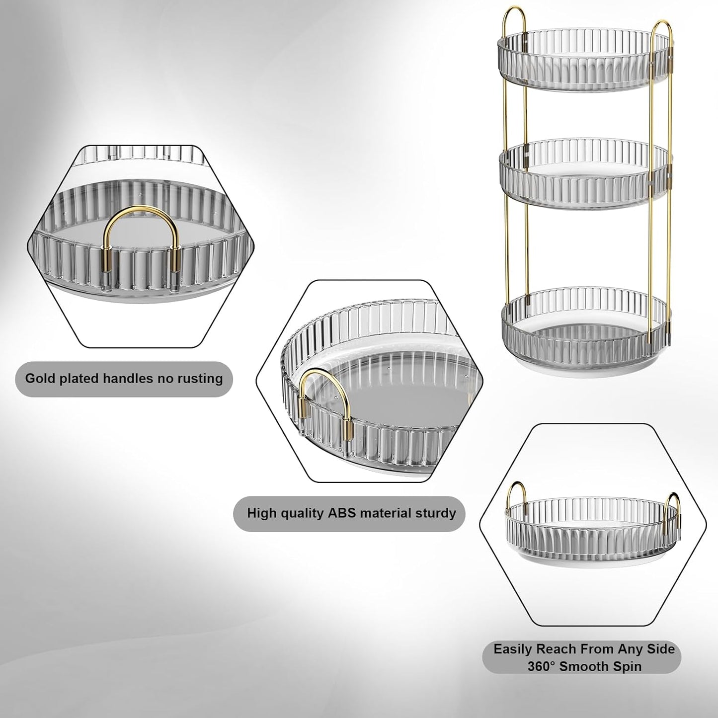 GTI 360°Rotating Makeup Organizer, 3 Tier Large Capacity Perfume Cosmetics Skincare Vanity Organizers,Bathroom Counter Organizer, Dresser Spinning Countertop Organizer and Storage for Women (Grey)