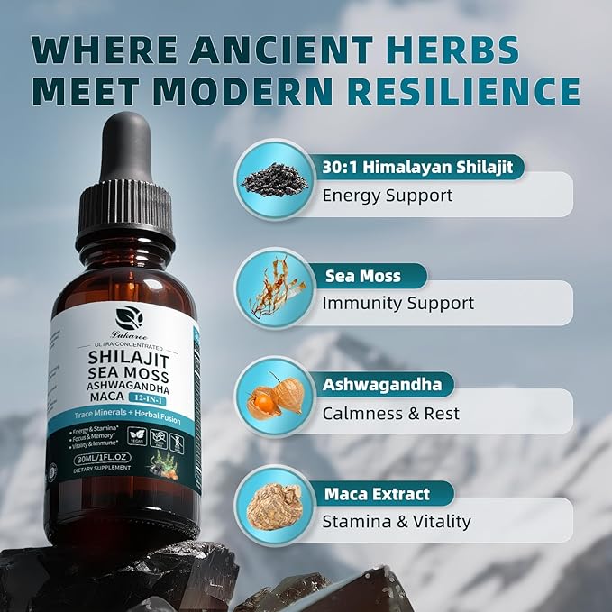 Shilajit Liquid Drops with Sea Moss, Ashwagandha, Maca, Fulvic Acid, Trace Minerals, 12-in-1 Liquid Vitamins Supplement for Men and Women, Energy, Antioxidant, Immune Support, 1 FL Oz