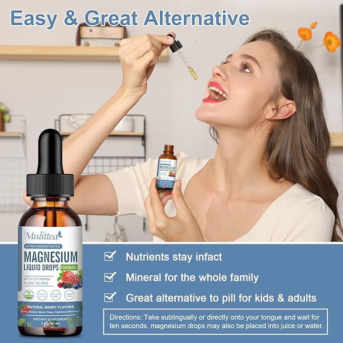 Magnesium Glycinate Liquid Drop - Triple Absorption Supplement to Support Nerves, Sleep, Calm, Heart, Muscles * -Sugar-Free with Potassium, L-Theanine, Sea Moss，Vitamin B,C,D3, K2-1Pack