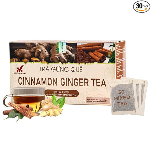 VUONGMART Dried Ginger Cinnamon Tea, 100% Pure & Hand Pick, Organic Herbal Tea, 30 Tea Bags, Gluten Free, Dairy Free, No Sugar Added & Natural, Energy Boost & Health Support