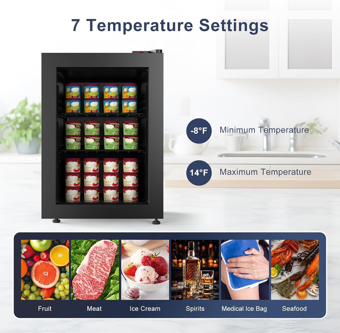 Northair Mini freezer 2.1 Cu Ft Glass Door Display, 2 Removable Shelves, 7 Temperature Settings -8°F to 14°F, Black