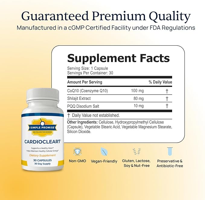 CardioClear7 - Coenzyme Q10 (CoQ10) and PQQ Heart Health Supplement with Shilajit - Supports Circulation, Cellular Energy & Daily Vitality for Cardiovascular Health - 30 Capsules