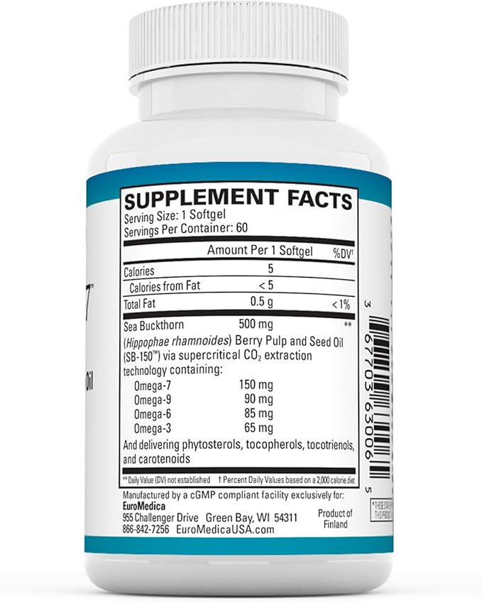 EuroMedica ProHydra-7 - Skin Health Support Supplement with Omega-7 Sea Buckthorn Oil - Nutritional Supplement - Essential Fatty Acid Supplement - 60 Softgels (2 Pack)