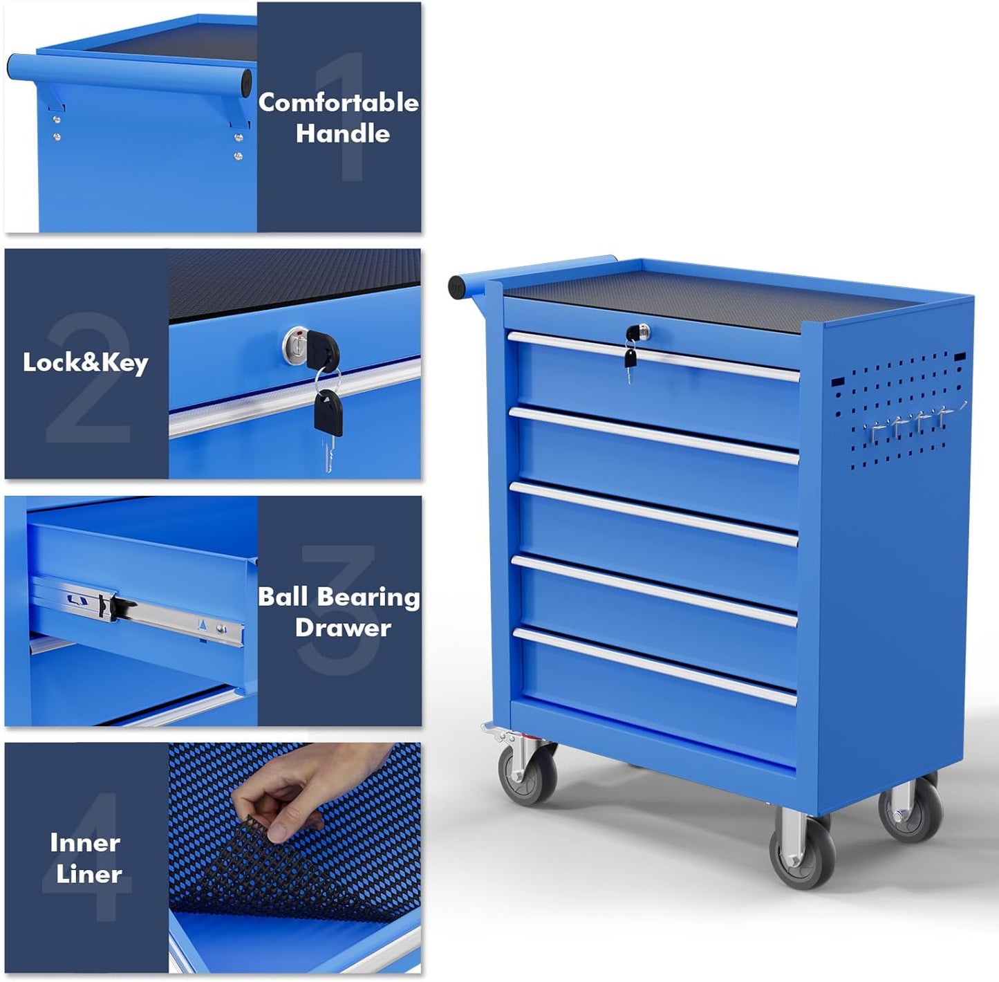 5-Drawer Tool Chest,Rolling Tool Cart with Wheels,High Capacity Tool Cabinet with Locking System for Garage, Warehouse, Workshop-Blue