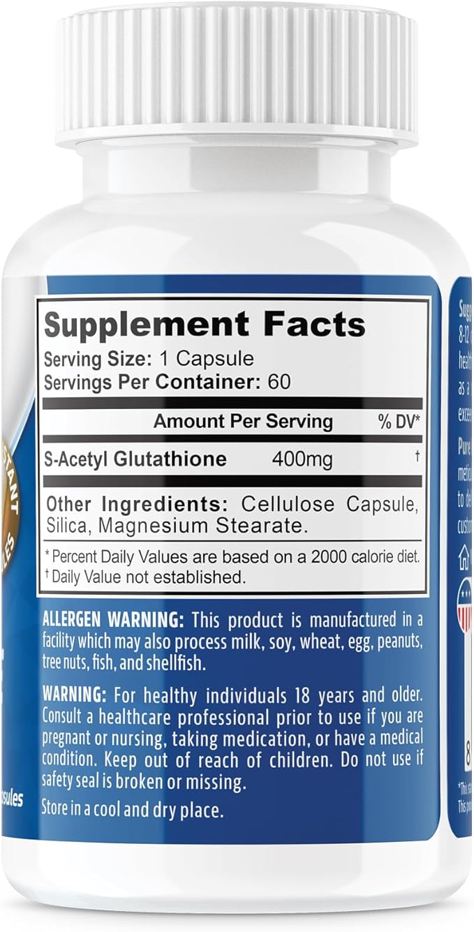 NeuropAWAY Elements S-Acetyl-Glutathione 400mg Acid Resistant Capsules 60ct (60 400mg Capsules Per Bottle) 3rd Party Tested Made in a cGMP Facility