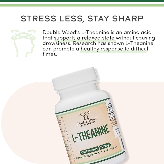 L-Theanine Supplement 200mg, 120 Capsules (Soy Free, Gluten Free, Non-GMO, Third Party Tested) Synergy with Magnesium L-Threonate and Apigenin by Double Wood