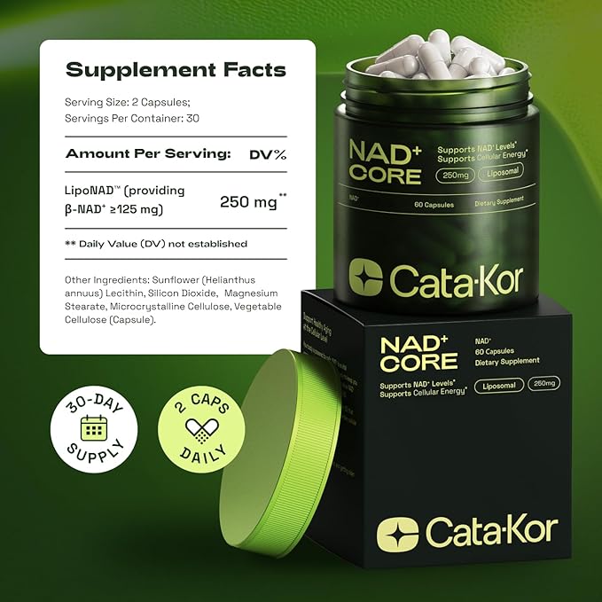 NMNH Supplement Alternative - Liposomal NAD CORE 250mg - 30-Day Supply - High Purity NAD Supplement for Healthy Aging, Energy - 60 Capsules