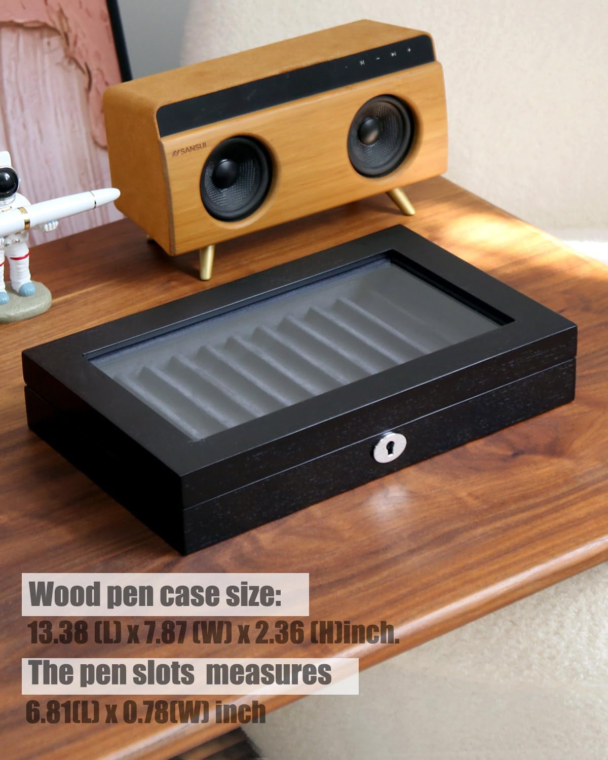 Wooden Pen Display Case – 12 Slot Lockable Fountain Pen Storage Box, Black Collectors Display with Glass Top, Gift for Men