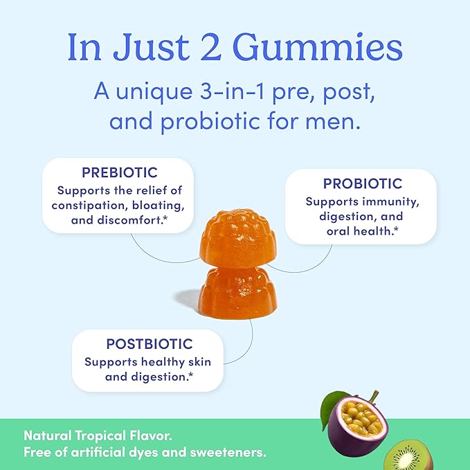 FIRST DAY 3 in 1 Probiotics for Men - Prebiotic, Probiotic & Postbiotic Supplement – Mens Probiotic for Digestive Health, Oral Health, Immune Function, Energy, Gut Health for Men – 30-Day Supply