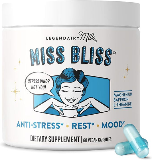Legendairy Milk Miss Bliss™ Daily Stress Support Supplement – with Saffron, L-Theanine & Magnesium – Helps Promote Calm, Relaxation & Balanced Mood – 60 Capsules