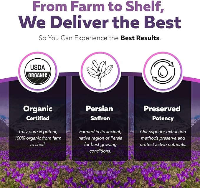 Organic Saffron Extract: Optimized Extract with Safromotivines, Safranal, and Crocins – Clinically Studied | Premium Persian Sargol Quality | Supports Mood, Calmness, and Relaxation – 30 Servings