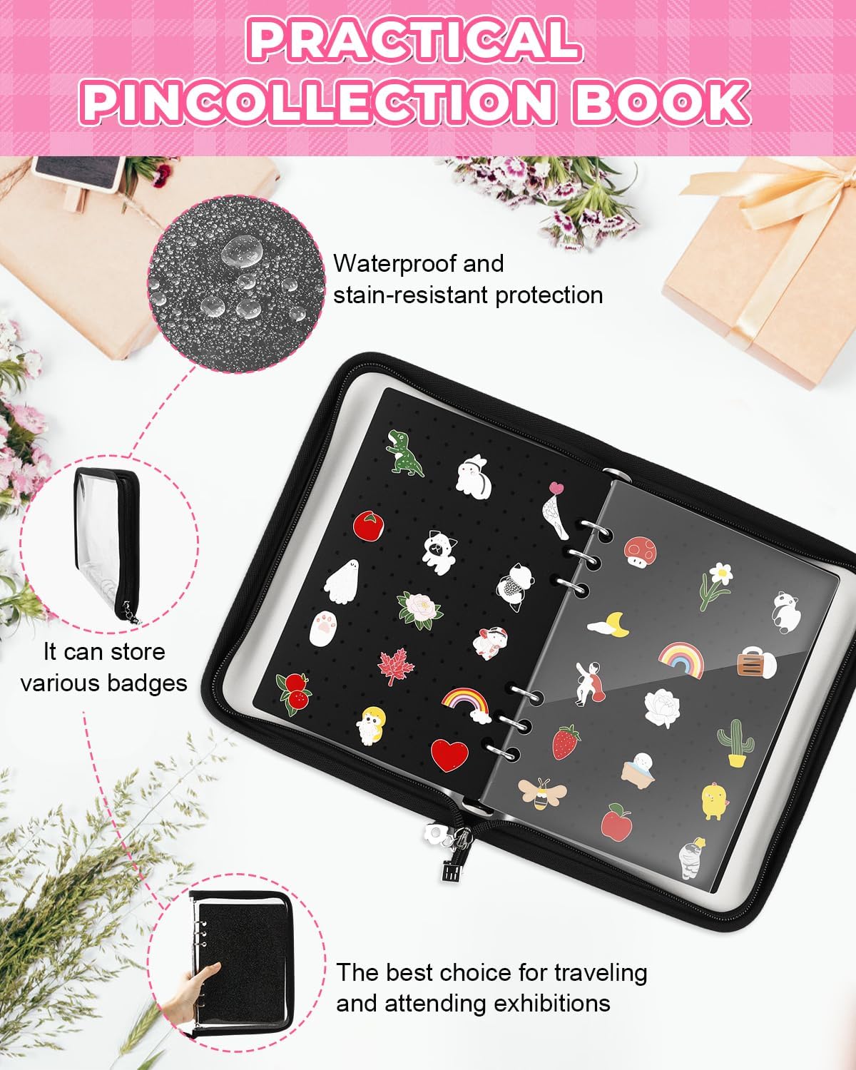 UCEC Enamel Pin Display Book & 50 PCS Rubber Pin Backs, A5 Album Pin Collection Binder for Brooch Pins, Black 6-Page Zippered Pinfolio Trading Organizer Case, Pin Storage Display Book for Enamel Badge