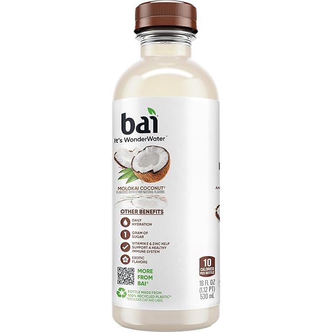 Bai Antioxidant Infused Water Beverage, Molokai Coconut, with Vitamin C and No Artificial Sweeteners, 18 Fluid Ounce Bottle, 6 Pack
