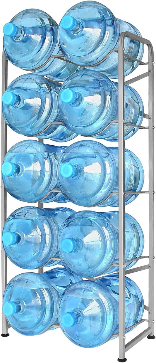 5 Gallon Water Bottle Holder for 10 Bottles, 5 Tiers Heavy-Duty Water Cooler Jug Rack with Reinforcement Frame for Kitchen Office, Silver Grey