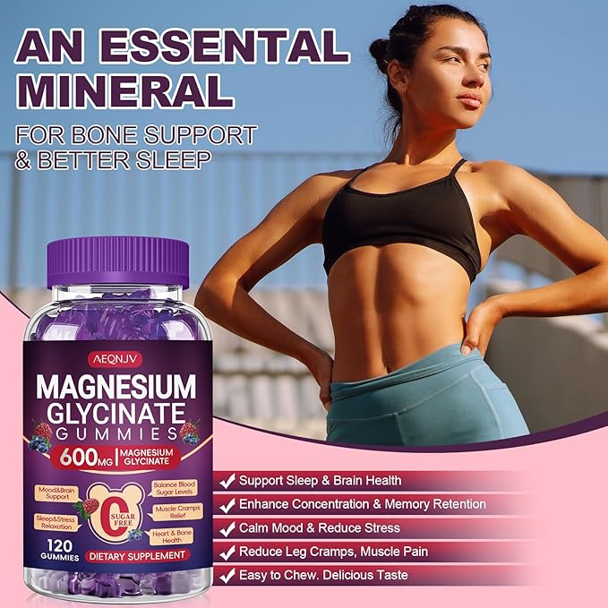 Magnesium Glycinate Gummy 600mg, Chewable Sugar Free Potassium Magnesium Gummy for Sleep, Body Support and Relaxation, Magnesium Supplements with Vitamin D, B6, and CoQ10 for Men & Women