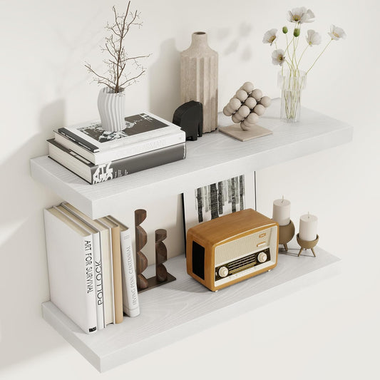 White Floating Shelves for Wall, 27.5 Inch Bathroom Shelves Set of 2, Rustic Wood Wall Shelf with Invisible Brackets for Books|Storage|Decor, 8 Inch Deep Floating Shelf for Bedroom|Kitchen