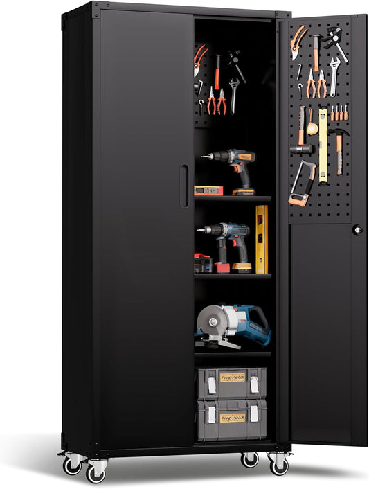 Rolling Tool Cabinet with Pegboard, 71" Tool Cabinets with 4 Adjustable Shelves for Garage, Tool Room, Assembly Required(Black)