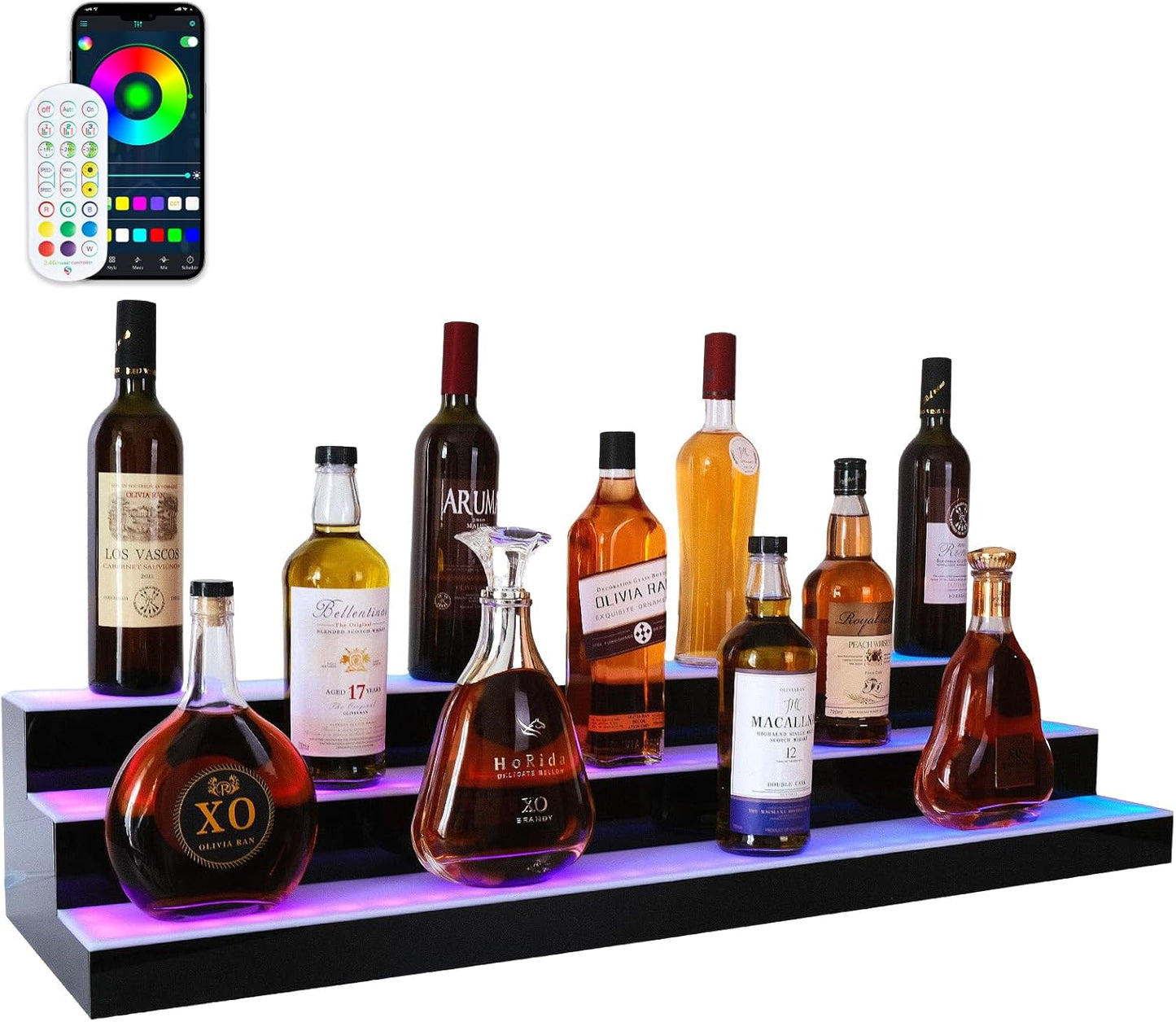 Led Lighted Liquor Bottle Display Shelf, 30 Inch 3 Tier Whiskey Rack, Support USB, Bar Stand with RF Remote & App Control, Illuminated Acrylic Lighting Shelves for Home Bar, Party