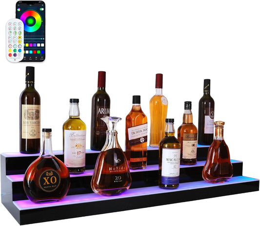 Led Lighted Liquor Bottle Display Shelf, 30 Inch 3 Tier Whiskey Rack, Support USB, Bar Stand with RF Remote & App Control, Illuminated Acrylic Lighting Shelves for Home Bar, Party
