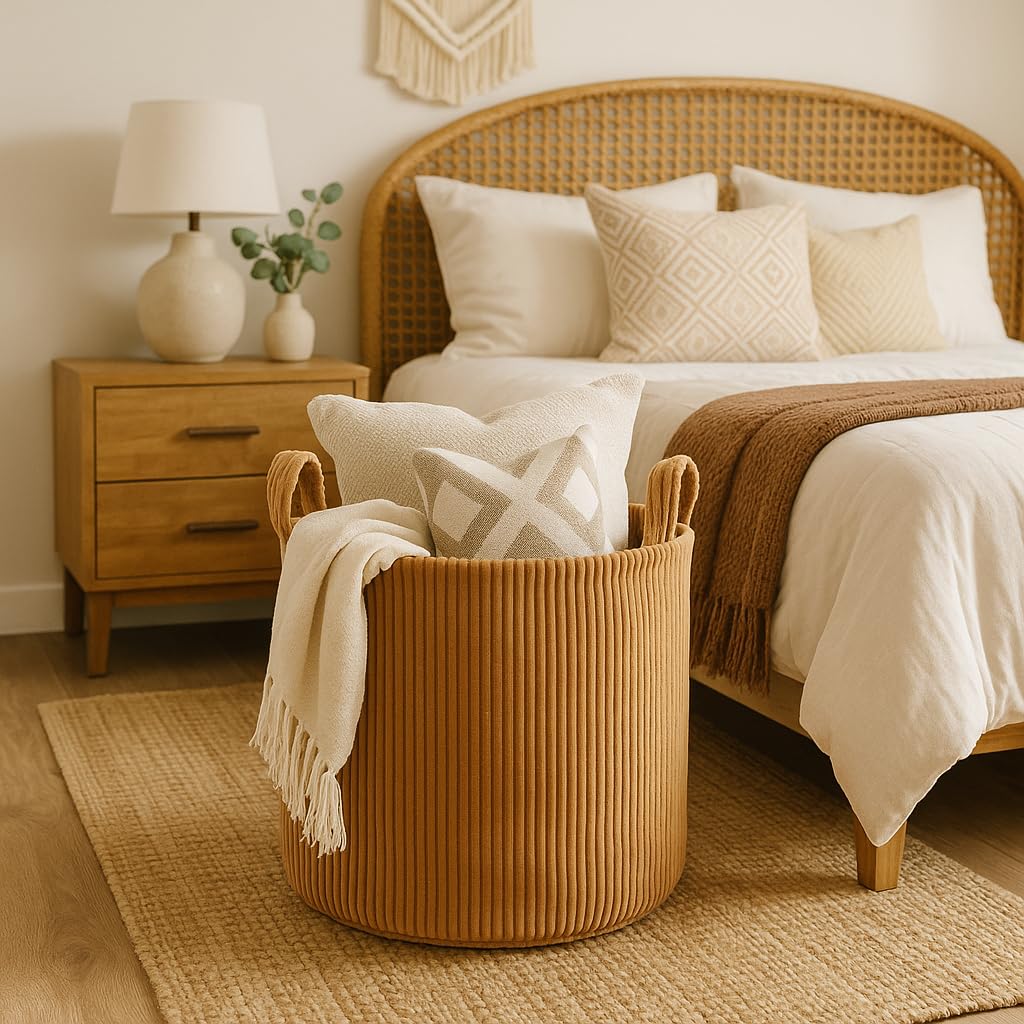 PUTSKA Blanket Basket – Round Storage for Toys and Blankets, Clothes, Stuffed Animals – Soft Baby Girl Basket for Nursery, Kids Room, Bedroom, Living Room – Large, Brown