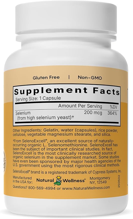 Natural Wellness Organic Selenium 200 mcg – SelenoExcell for Antioxidant, Thyroid, and Metabolism Support – 60 Capsules, 60-Day Supply