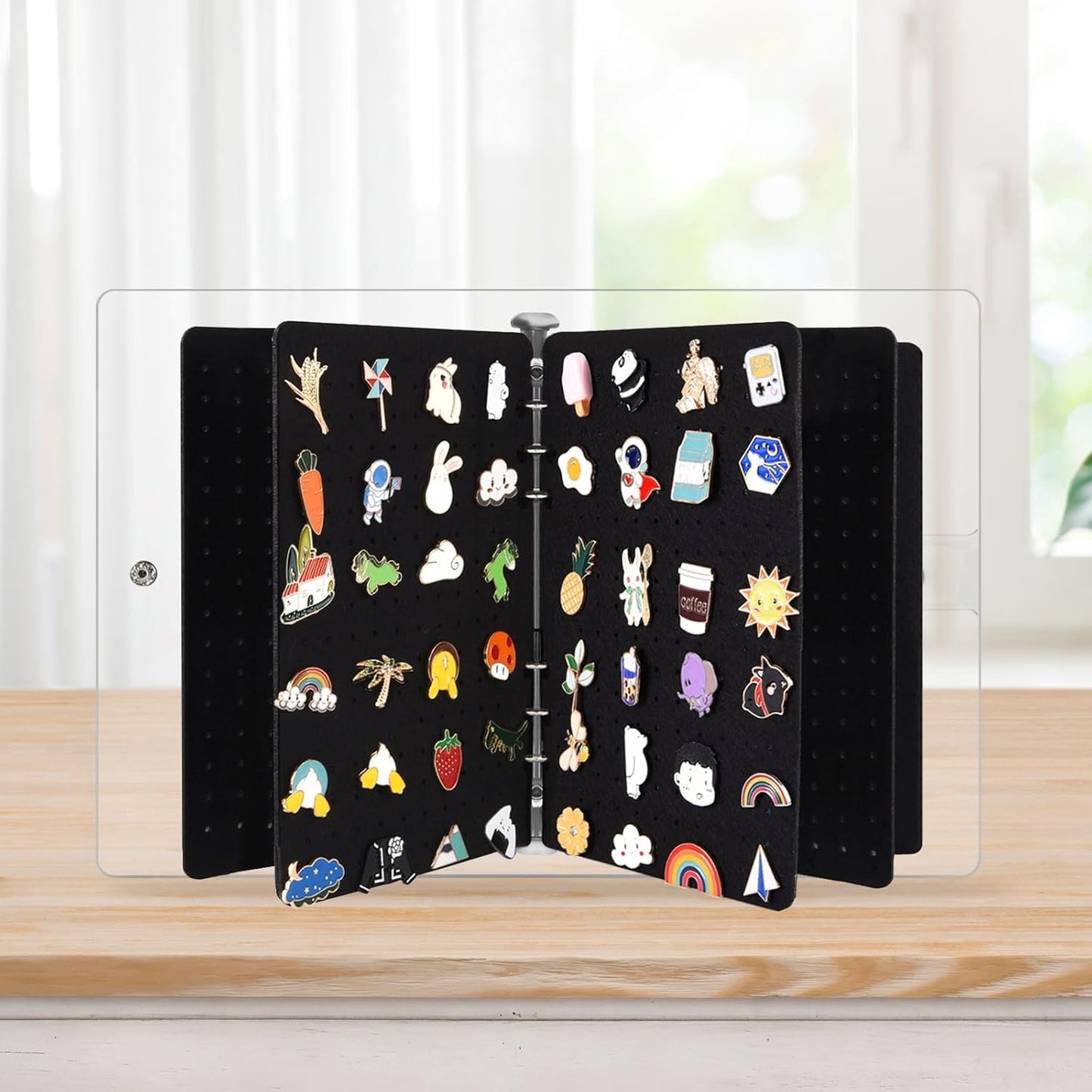 5 Pages A5 Enamel Pin Display Book, Pins Collection Storage Organizer Book,Clear PVC Cover, Portable Travel Pin Display Book for Brooch Collectors (Not Include Accessories).Black