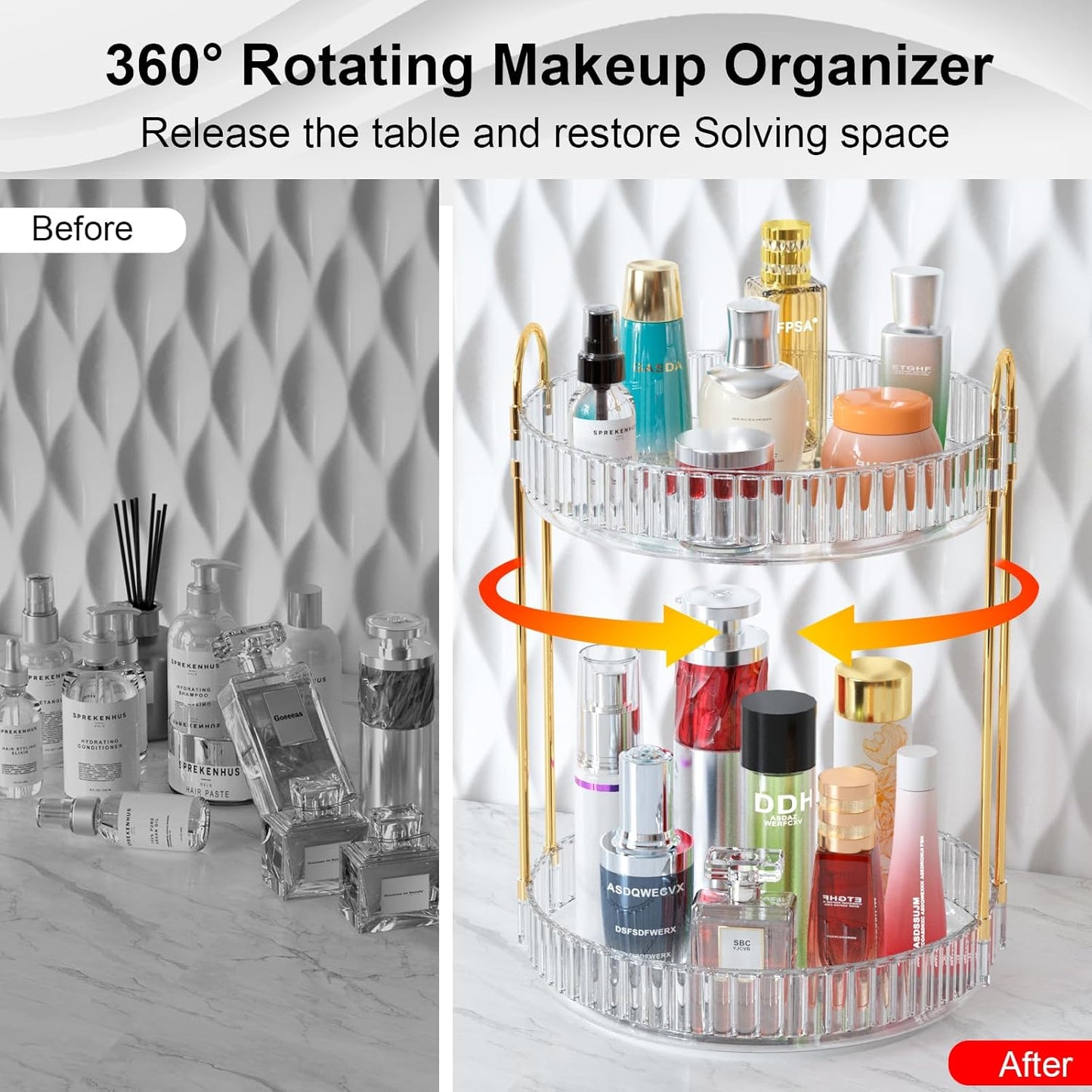 GTI 360°Rotating Makeup Organizer, 2 Tier Bathroom Counter Organizer,Large Capacity Perfume Cosmetics Skincare Vanity Organizers, Dresser Spinning Countertop Organizer and Storage for Women (Clear)
