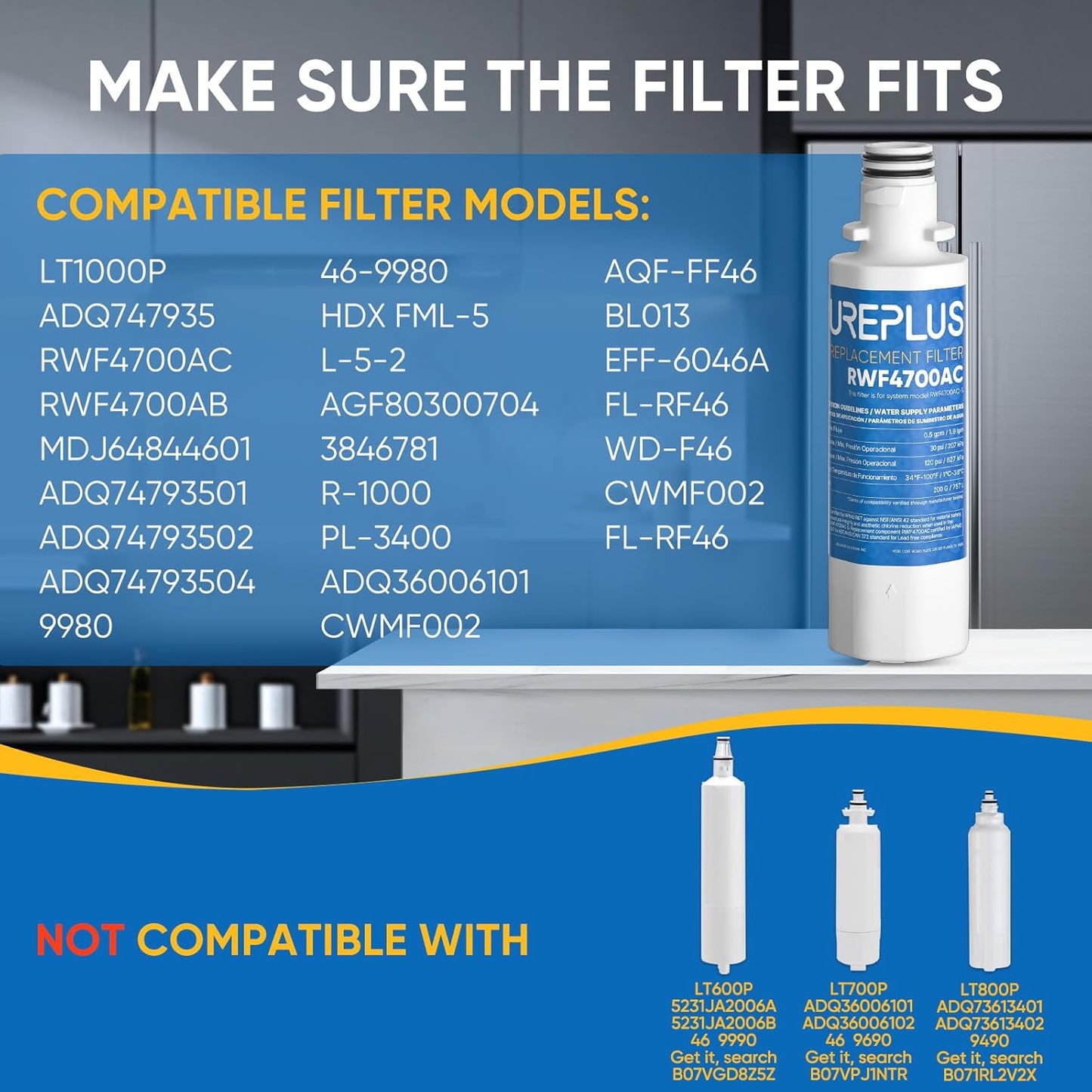 PUREPLUS ADQ747935 Replacement for LG LT1000P LT1000 Kenmore Elite 9980 LT1000PC, MDJ64844601 ADQ74793501, LMXS28626S, LFXS26973S, LT120F Refrigerator Water and Air Filter,3Pack, Model: RWF4700AC