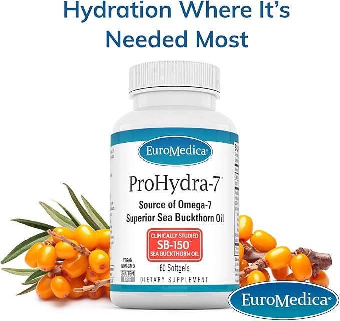 EuroMedica ProHydra-7 - Skin Health Support Supplement with Omega-7 Sea Buckthorn Oil - Nutritional Supplement - Essential Fatty Acid Supplement - 60 Softgels (2 Pack)