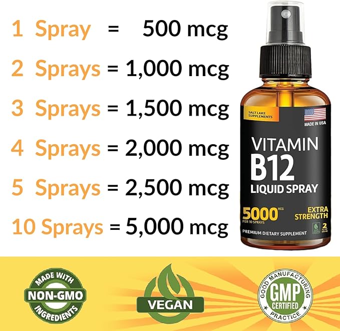 (2 Pack) - Liquid B12 Spray 5000 mcg - Vitamin B12 Sublingual - Vegan B12 Vitamin Spray - Methylcobalamin Vitamin B12 Liquid Boosts Energy & Mood - Gluten-Free & Non-GMO