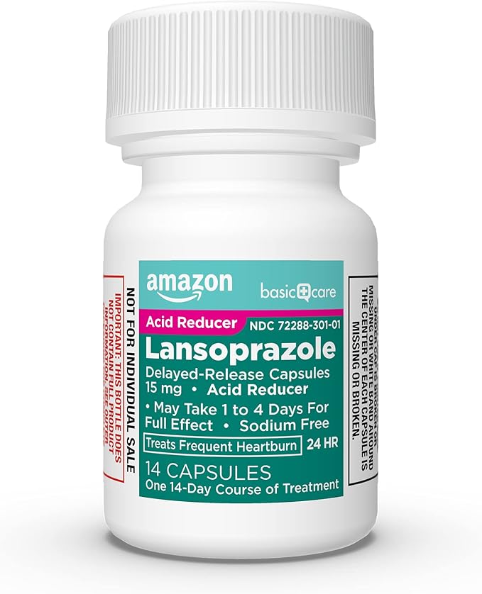 Amazon Basic Care Lansoprazole Delayed Release Capsules, 15 mg, Treats Frequent Heartburn, 14 Count (Pack of 2)