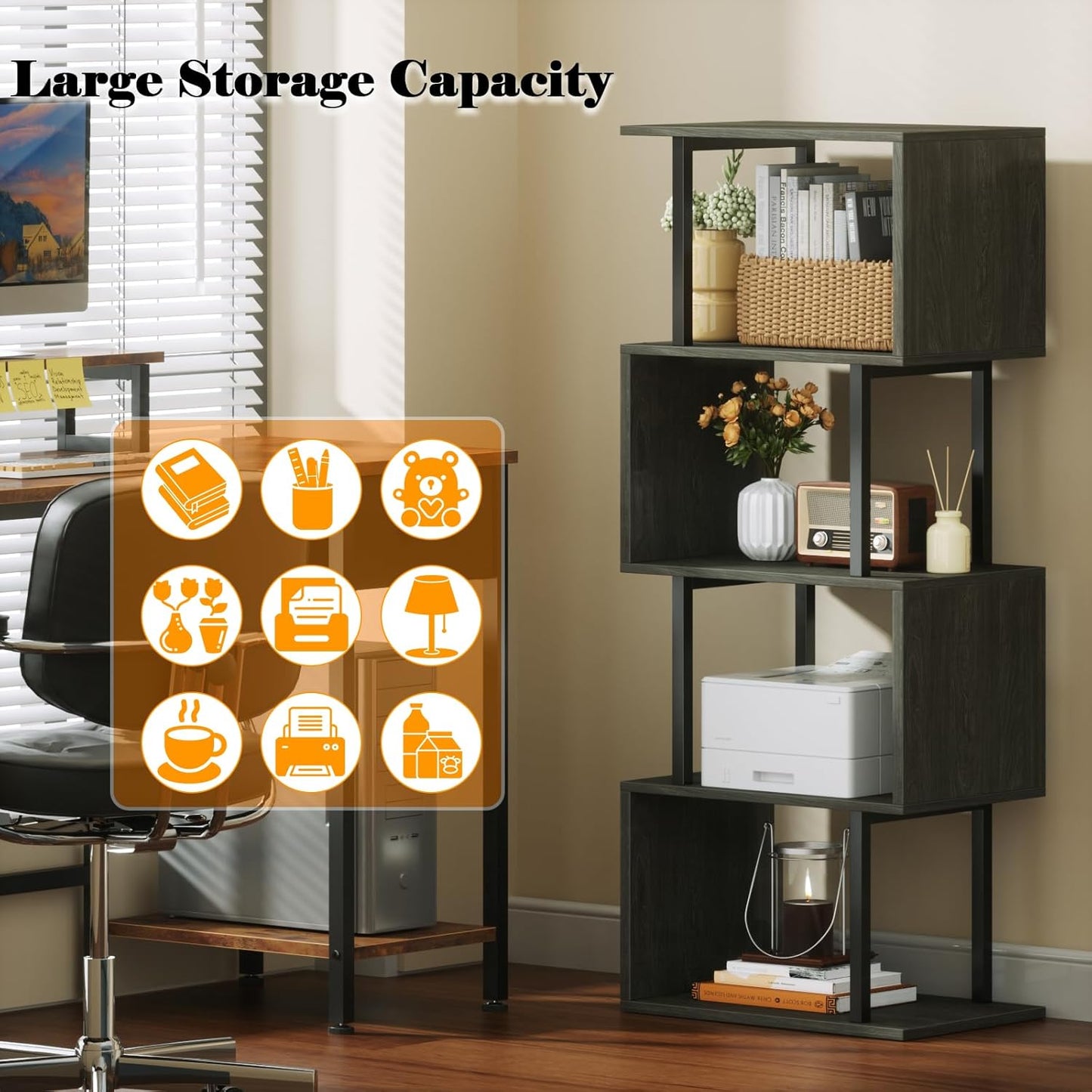 Furologee Geometric Bookshelf 5 Tier Bookcase, Industrial S-Shaped Display Storage Shelf for Small Space, Tall Metal Wood Decorative Standing Shelves for Bedroom, Living Room, Office, Black Oak