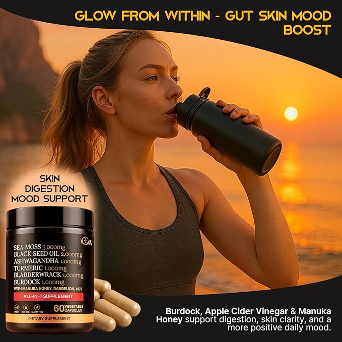 Sea Moss Capsules - Health Supplements - True Seamoss Black Seed Oil Ashwagandha Burdock Root, Tumeric Supplement with Manuka Honey, Dandelion Root ACV - 60 Capsules