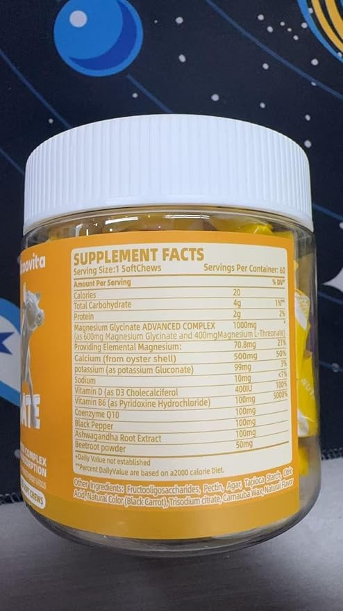 Magnesium Glycinate Soft Chews, Pineapple Flavor.Chewable Sugar Free Potassium Magnesium Chews with Magnesium Glycinate, Vitamin D, B6, and CoQ10 for Calm Support & Sleep for Adults, 60 Days Supply